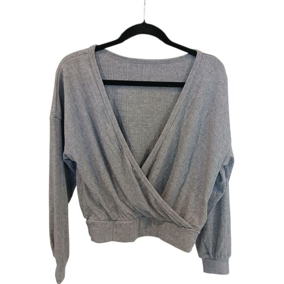 NWT OGL Wide Rib Surplice Top Long Sleeve V Neck Heather Gray Size Small Wrap - Picture 2 of 12